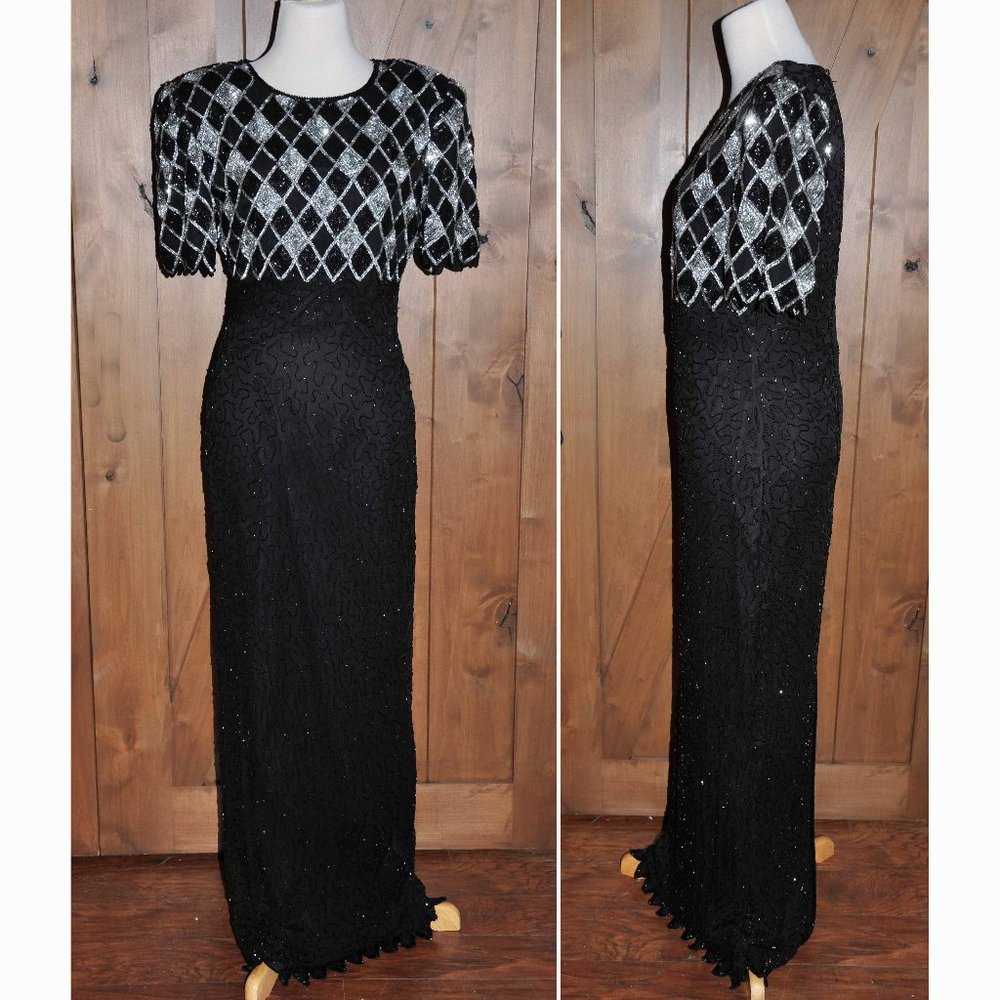 Vintage Laurence Kazar Black & Silver Beaded Evening Gown Mother of the Bride